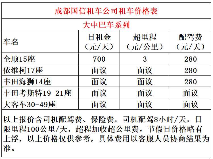 成都大巴租車價(jià)格表